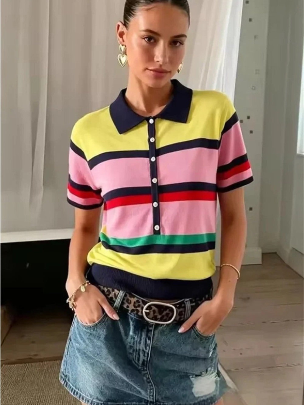 NWT Zara Multi-Stripe Short Sleeve Knit Polo Sweater Top Yellow Pink Blue Large